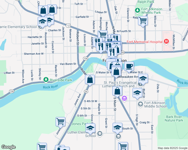 map of restaurants, bars, coffee shops, grocery stores, and more near 104 Janesville Avenue in Fort Atkinson