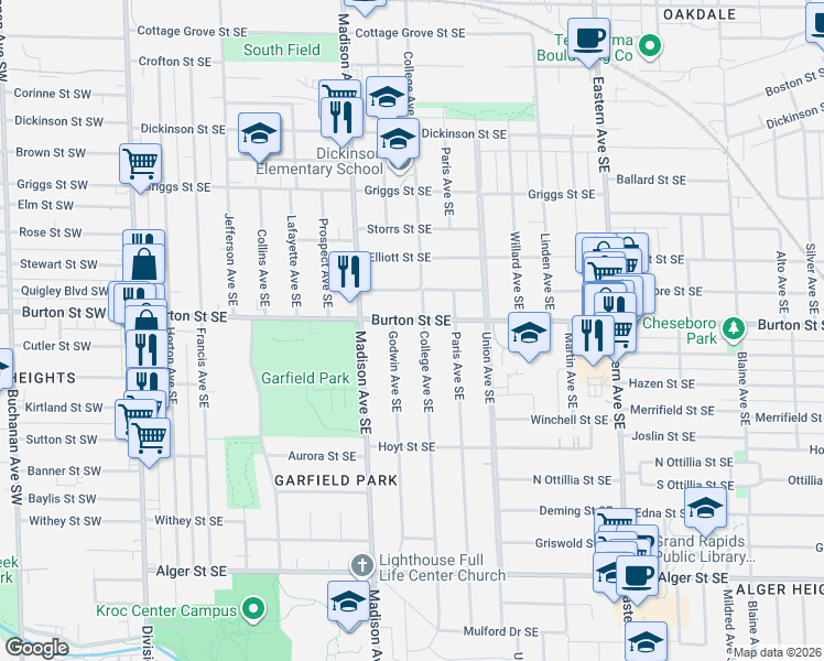 map of restaurants, bars, coffee shops, grocery stores, and more near 450 Burton Street Southeast in Grand Rapids