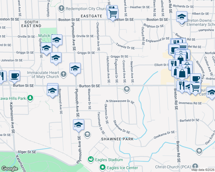map of restaurants, bars, coffee shops, grocery stores, and more near 2000 Elliott Street Southeast in Grand Rapids