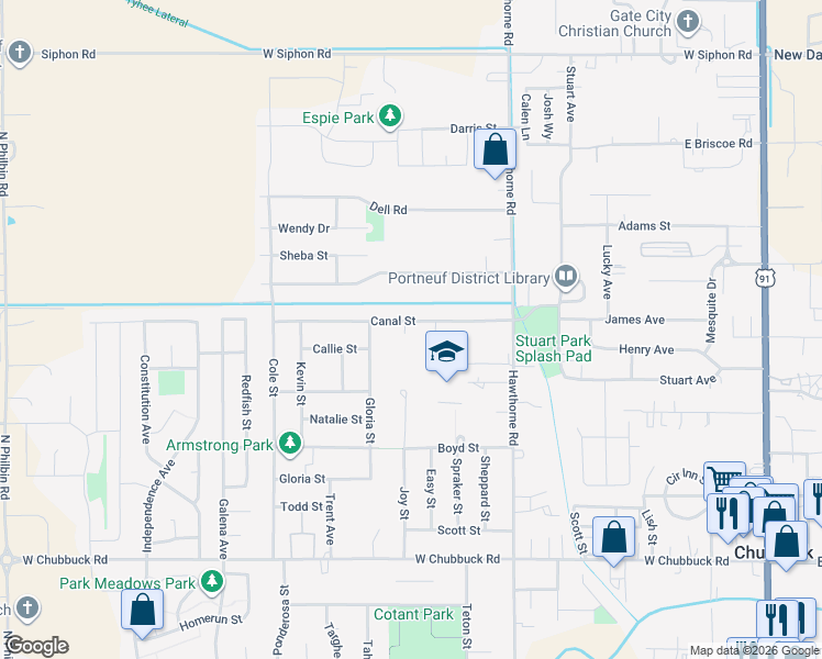 map of restaurants, bars, coffee shops, grocery stores, and more near 5180 Joy Street in Pocatello