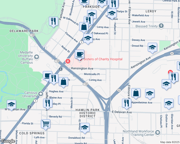 map of restaurants, bars, coffee shops, grocery stores, and more near 66 Monticello Place in Buffalo