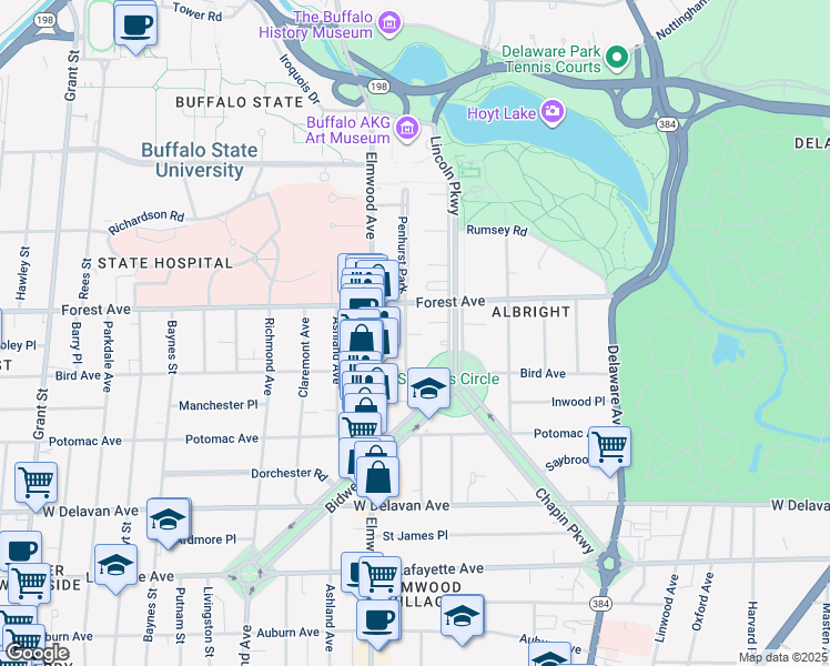 map of restaurants, bars, coffee shops, grocery stores, and more near 34 Granger Place in Buffalo