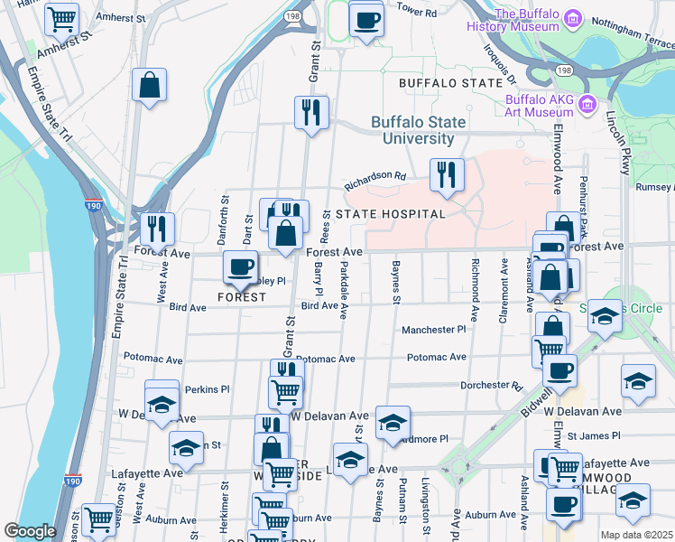 map of restaurants, bars, coffee shops, grocery stores, and more near 37 Barry Place in Buffalo