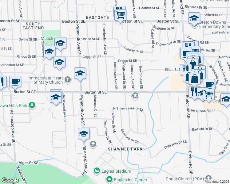 map of restaurants, bars, coffee shops, grocery stores, and more near 2000 Elliott Street Southeast in Grand Rapids