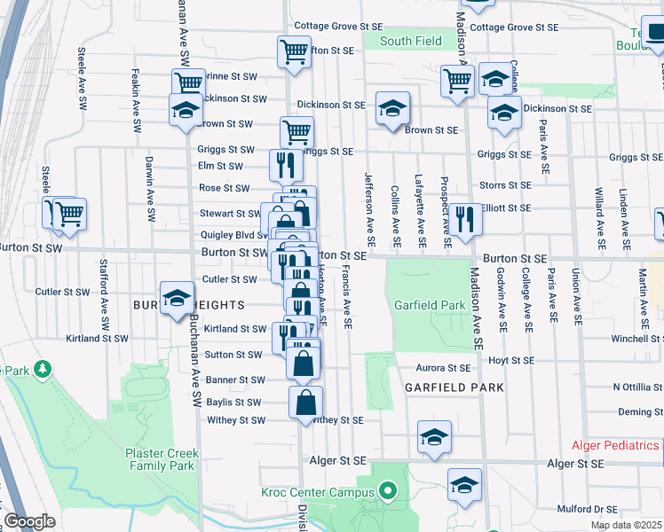 map of restaurants, bars, coffee shops, grocery stores, and more near 2024 Horton Avenue Southeast in Grand Rapids