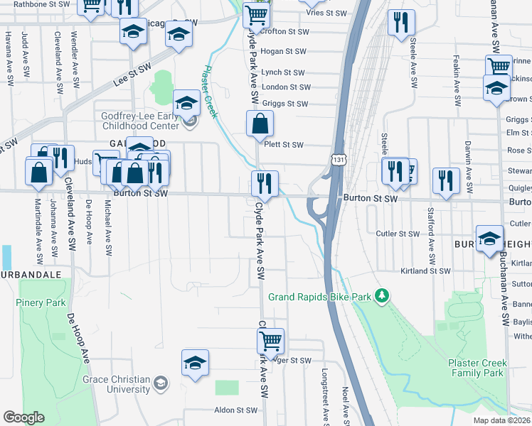 map of restaurants, bars, coffee shops, grocery stores, and more near 2030 Clyde Park Avenue Southwest in Grand Rapids