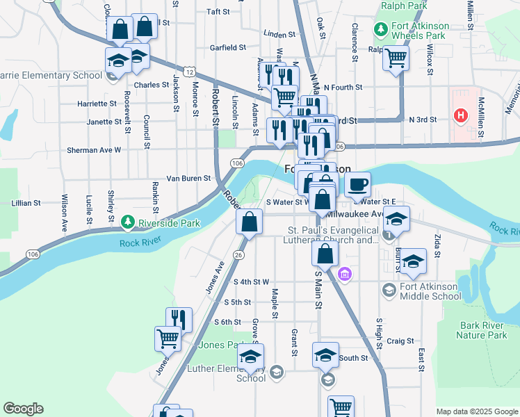 map of restaurants, bars, coffee shops, grocery stores, and more near 104 Janesville Avenue in Fort Atkinson