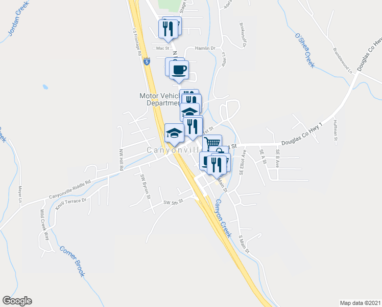 map of restaurants, bars, coffee shops, grocery stores, and more near Northwest Pine Street & Southwest 2nd Street in Canyonville
