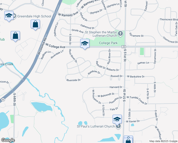 map of restaurants, bars, coffee shops, grocery stores, and more near 5500 Rainbow Drive in Greendale