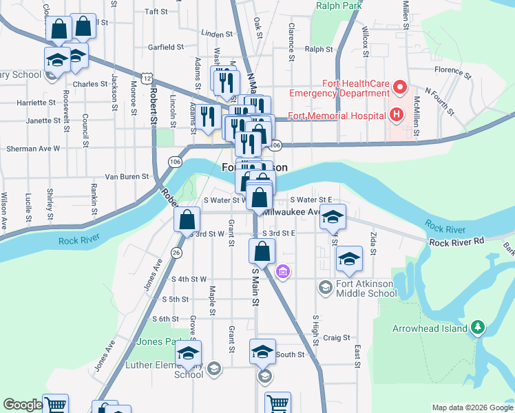 map of restaurants, bars, coffee shops, grocery stores, and more near 104 South Main Street in Fort Atkinson