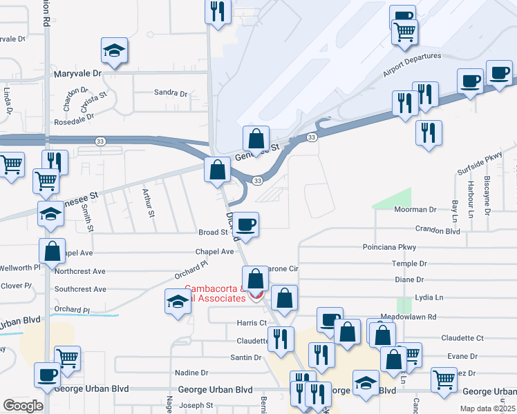 map of restaurants, bars, coffee shops, grocery stores, and more near 901 Dick Road in Buffalo
