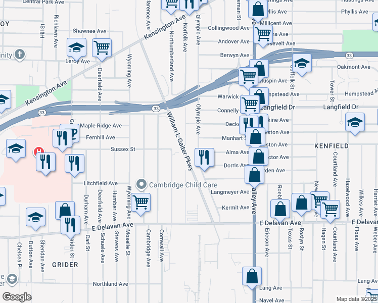 map of restaurants, bars, coffee shops, grocery stores, and more near 447 Norfolk Avenue in Buffalo