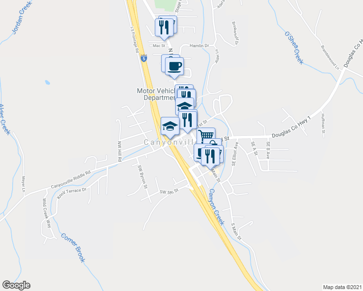 map of restaurants, bars, coffee shops, grocery stores, and more near 130 Northwest Pine Street in Canyonville