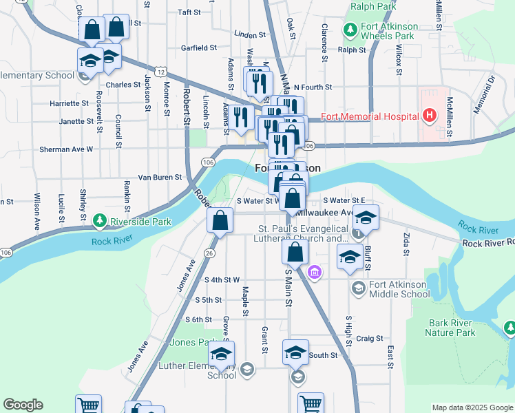 map of restaurants, bars, coffee shops, grocery stores, and more near 101 South Water Street West in Fort Atkinson