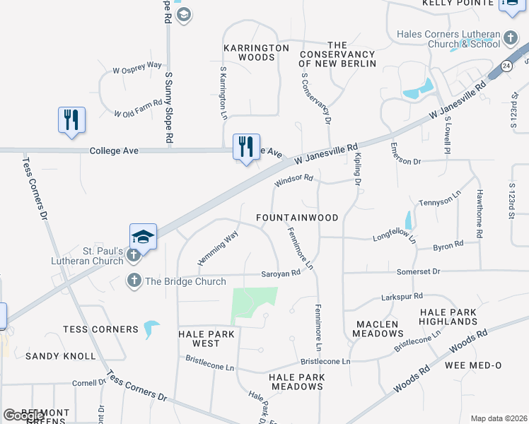map of restaurants, bars, coffee shops, grocery stores, and more near W134S6501 Fennimore Lane in Muskego