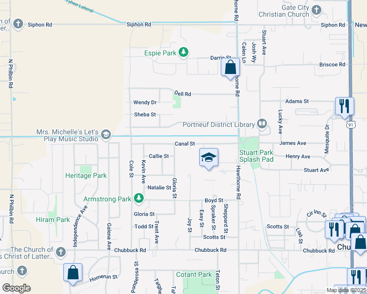 map of restaurants, bars, coffee shops, grocery stores, and more near 693 Canal Street in Pocatello