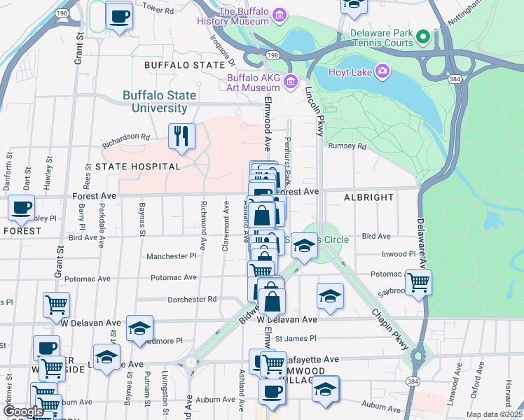 map of restaurants, bars, coffee shops, grocery stores, and more near 1092 Elmwood Avenue in Buffalo