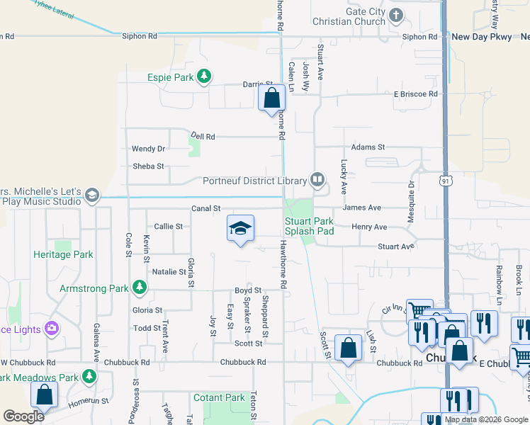 map of restaurants, bars, coffee shops, grocery stores, and more near 541 Canal Street in Pocatello