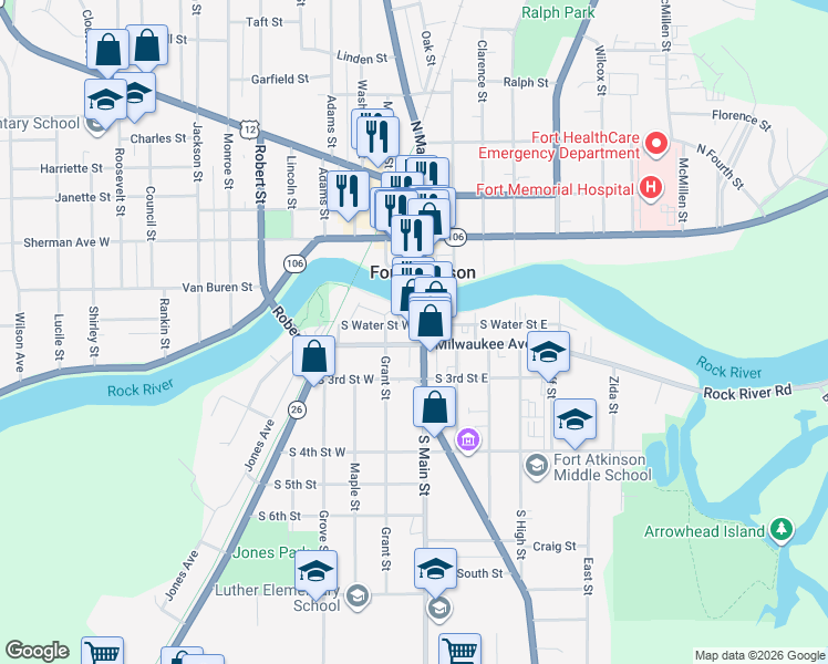 map of restaurants, bars, coffee shops, grocery stores, and more near 104 South Main Street in Fort Atkinson