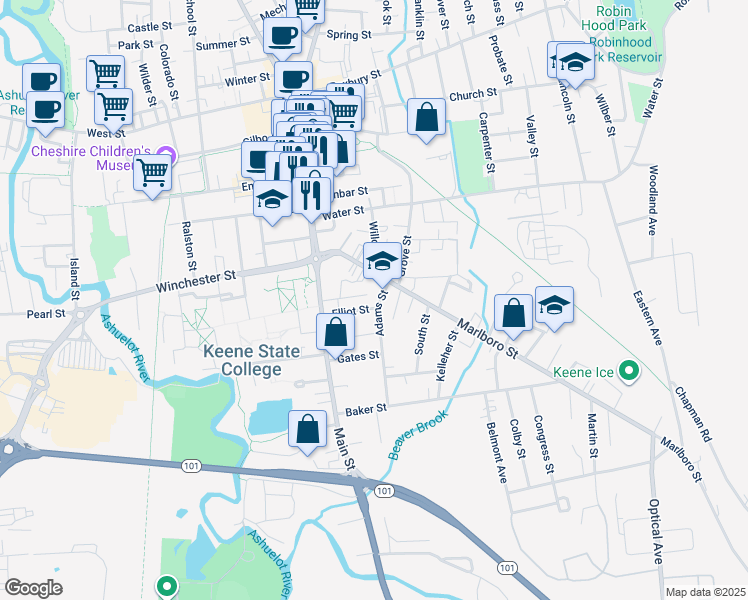 map of restaurants, bars, coffee shops, grocery stores, and more near 24 Adams Street in Keene