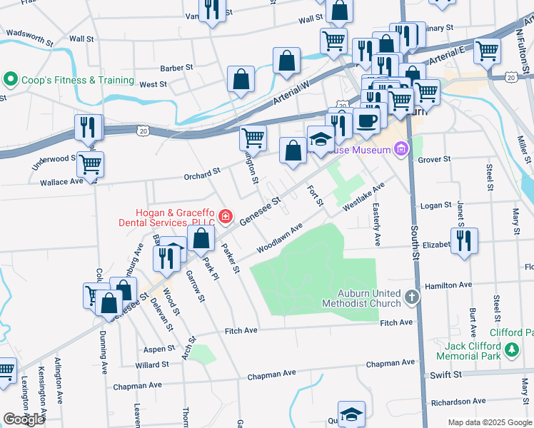 map of restaurants, bars, coffee shops, grocery stores, and more near 204 Genesee Street in Auburn