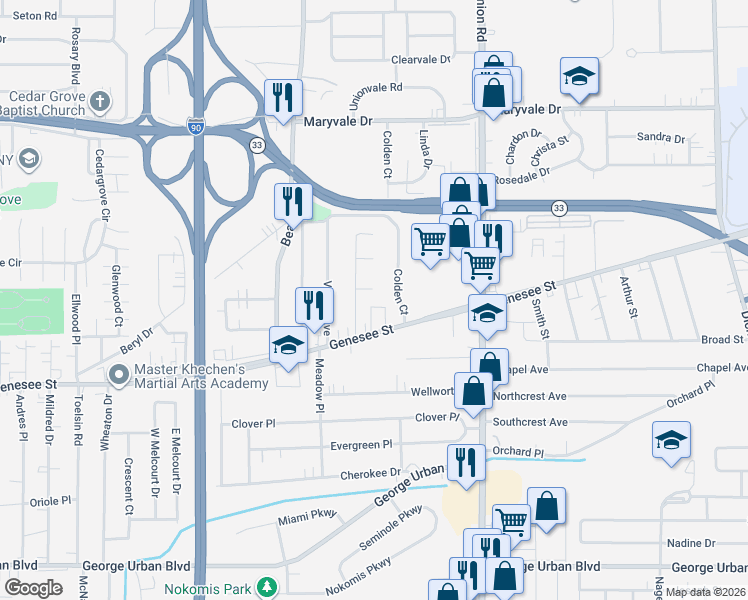 map of restaurants, bars, coffee shops, grocery stores, and more near 25 Donald Drive in Buffalo
