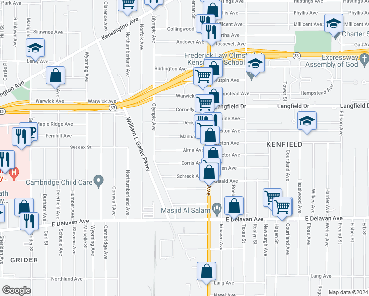 map of restaurants, bars, coffee shops, grocery stores, and more near 63 Alma Avenue in Buffalo