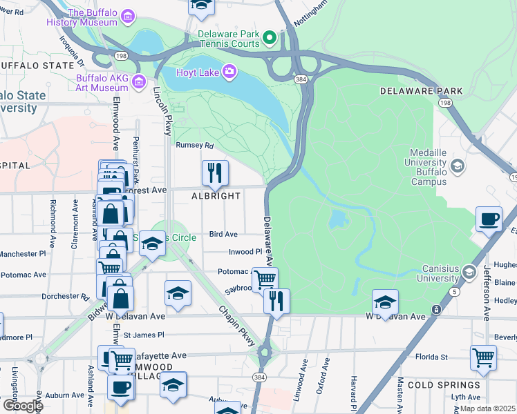 map of restaurants, bars, coffee shops, grocery stores, and more near 37 Berkley Place in Buffalo