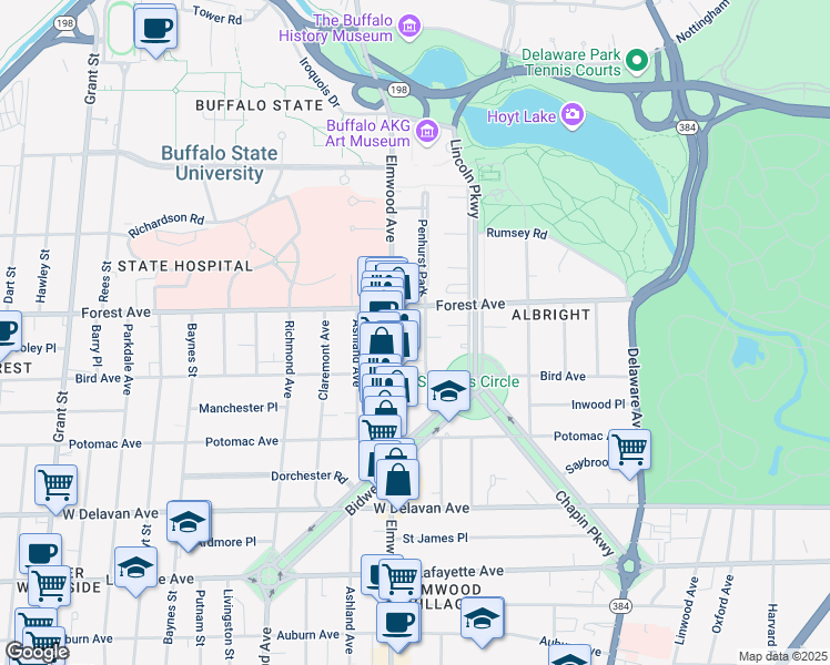map of restaurants, bars, coffee shops, grocery stores, and more near 34 Granger Place in Buffalo