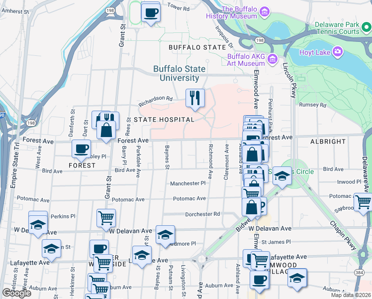 map of restaurants, bars, coffee shops, grocery stores, and more near 31 Abbottsford Place in Buffalo