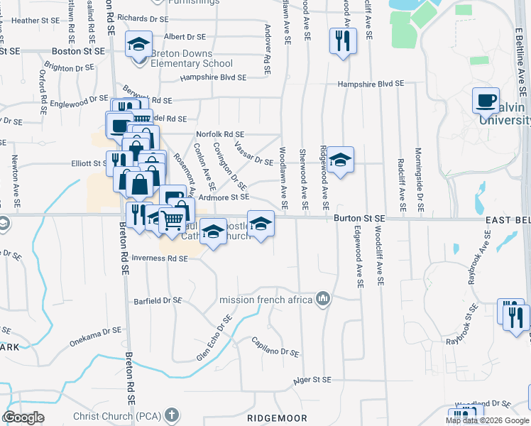 map of restaurants, bars, coffee shops, grocery stores, and more near 2737 Burton Street Southeast in Grand Rapids