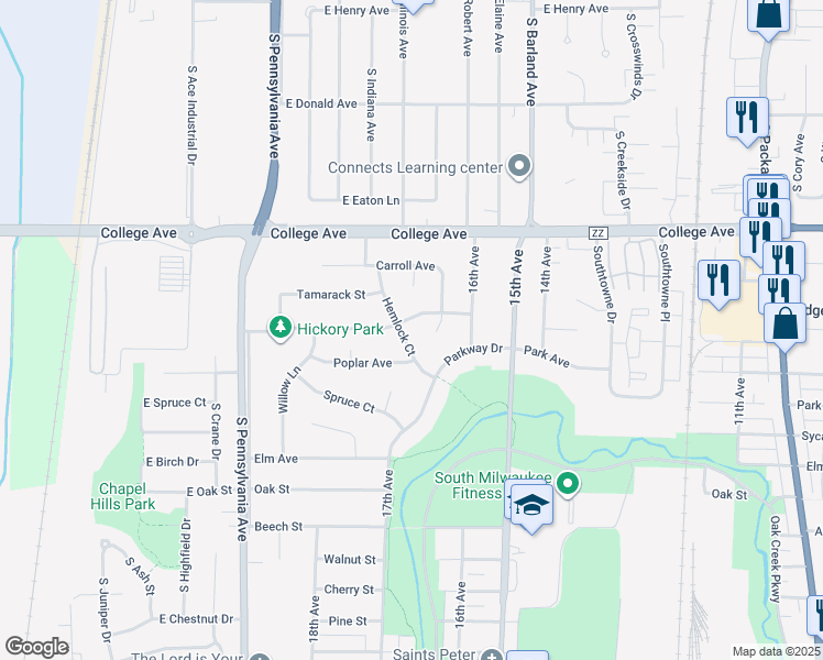map of restaurants, bars, coffee shops, grocery stores, and more near 305 Hemlock Court in South Milwaukee