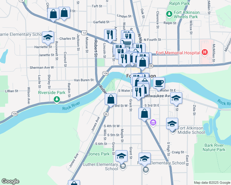 map of restaurants, bars, coffee shops, grocery stores, and more near 104 Janesville Avenue in Fort Atkinson