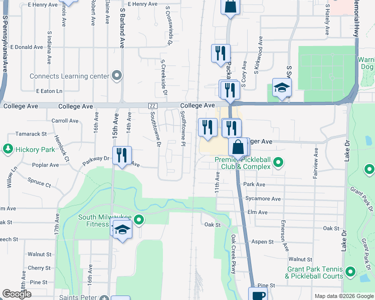 map of restaurants, bars, coffee shops, grocery stores, and more near 319 Southtowne Place in South Milwaukee