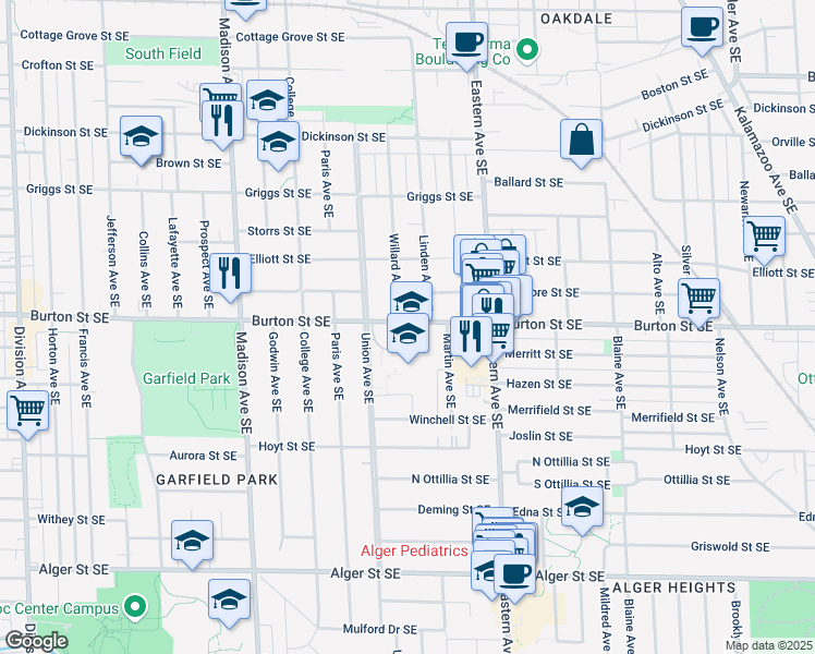 map of restaurants, bars, coffee shops, grocery stores, and more near 660 Burton Street Southeast in Grand Rapids