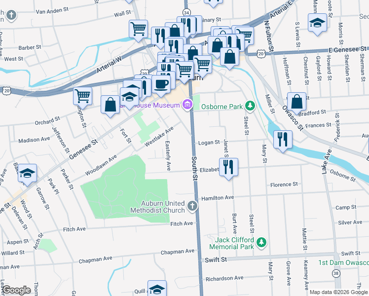 map of restaurants, bars, coffee shops, grocery stores, and more near 17 Queens Court Apartments in Auburn