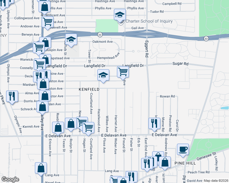 map of restaurants, bars, coffee shops, grocery stores, and more near 154 Harriet Avenue in Buffalo