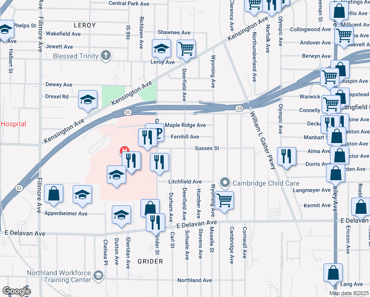 map of restaurants, bars, coffee shops, grocery stores, and more near Deerfield Avenue & Sussex Street in Buffalo