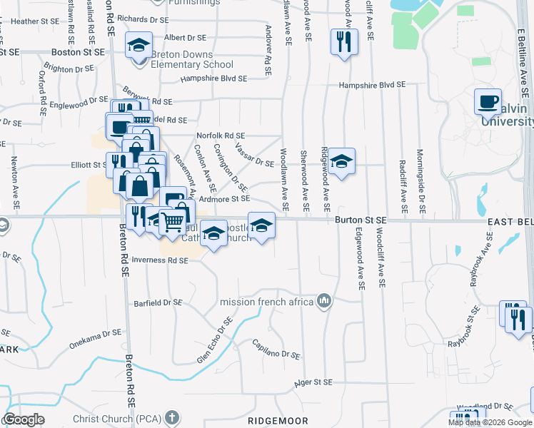 map of restaurants, bars, coffee shops, grocery stores, and more near 2737 Burton Street Southeast in Grand Rapids