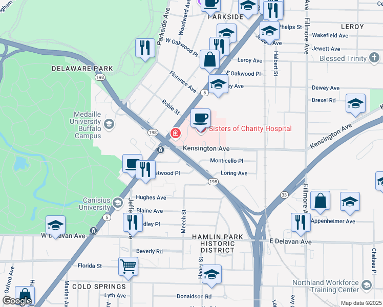 map of restaurants, bars, coffee shops, grocery stores, and more near 248 Humboldt Parkway in Buffalo