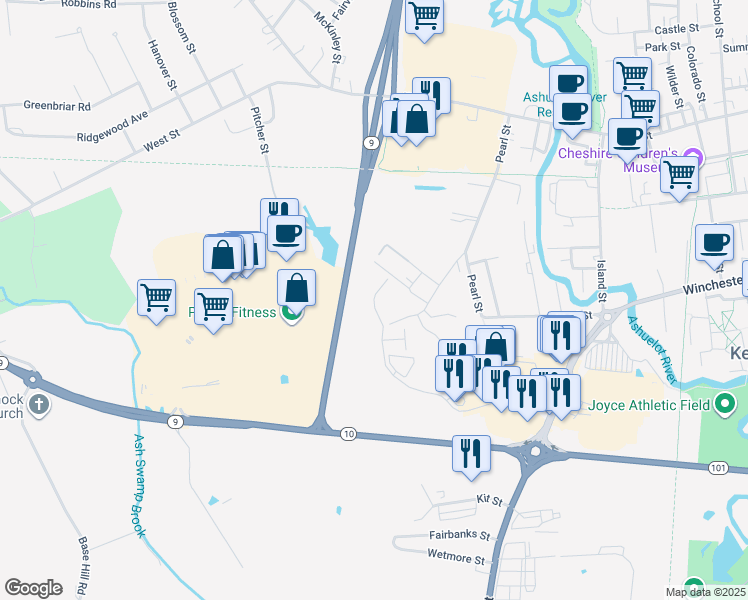 map of restaurants, bars, coffee shops, grocery stores, and more near 123 Meadow Road in Keene