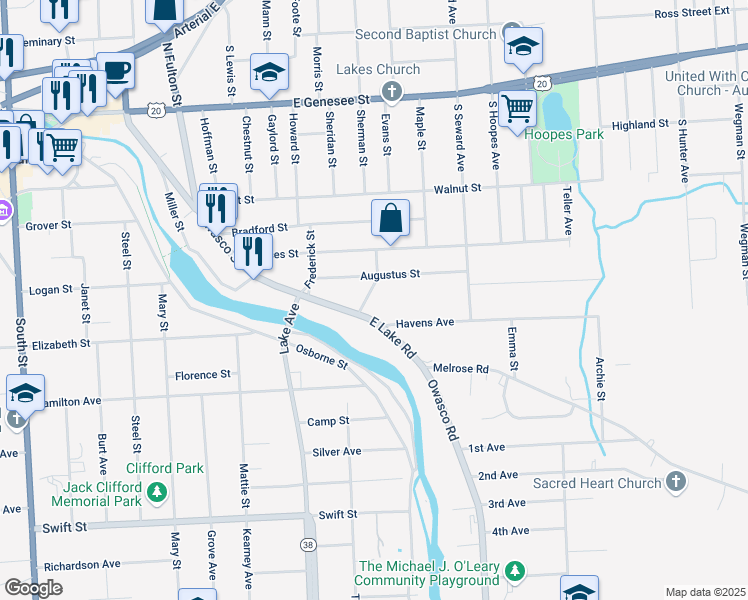 map of restaurants, bars, coffee shops, grocery stores, and more near 38 East Lake Road in Auburn