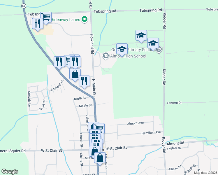 map of restaurants, bars, coffee shops, grocery stores, and more near 802 North Main Street in Almont