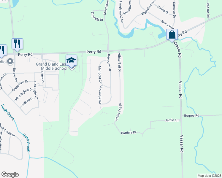 map of restaurants, bars, coffee shops, grocery stores, and more near 6262 Perry Road in Grand Blanc
