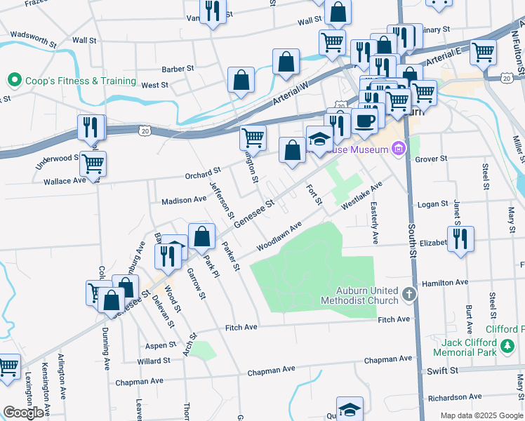 map of restaurants, bars, coffee shops, grocery stores, and more near 204 Genesee Street in Auburn