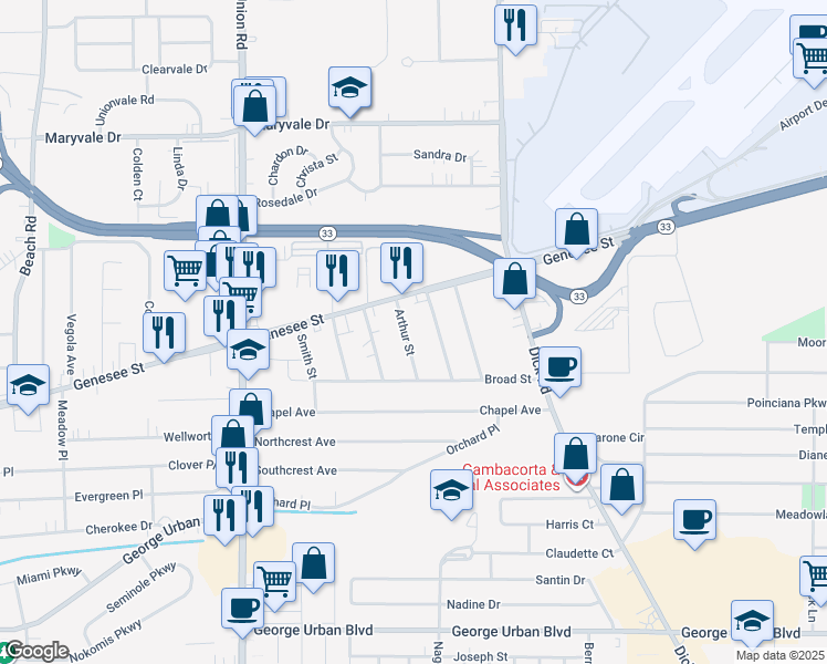 map of restaurants, bars, coffee shops, grocery stores, and more near 98 Arthur Street in Cheektowaga