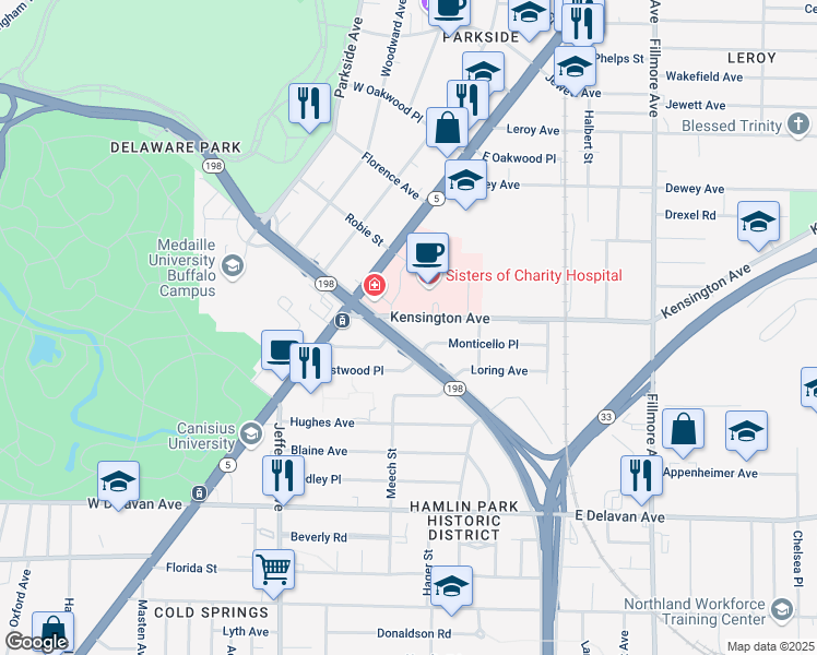 map of restaurants, bars, coffee shops, grocery stores, and more near 248 Humboldt Parkway in Buffalo