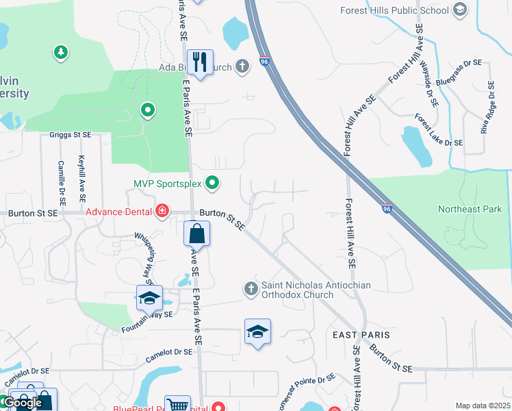 map of restaurants, bars, coffee shops, grocery stores, and more near 4163 Sabal Pointe Court Southeast in Grand Rapids