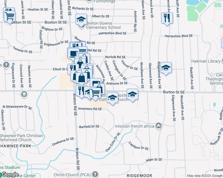 map of restaurants, bars, coffee shops, grocery stores, and more near in Grand Rapids