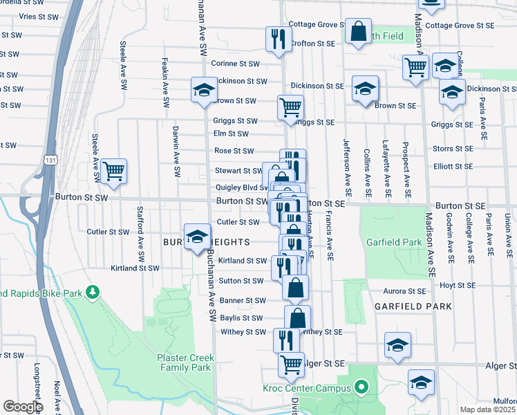 map of restaurants, bars, coffee shops, grocery stores, and more near 29 Cutler Street Southwest in Grand Rapids